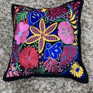 Artesanias Mexican Floral Hand Embroidered Throw Pillow Black Multicolor 14x14